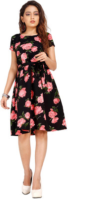 SITARAM FASHIION Women Fit and Flare Black, Multicolor Knee Length Dress