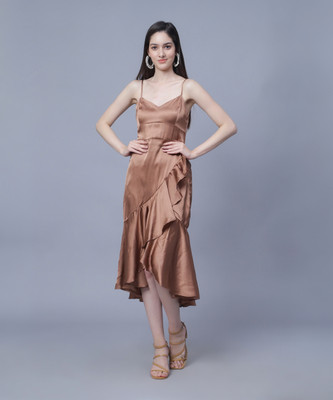 NUEVOSDAMAS Women Ruffled Beige Midi/Calf Length Dress