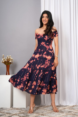 VYMO Women Fit and Flare Dark Blue Midi/Calf Length Dress