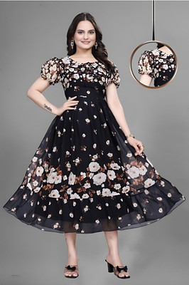 Vanray Fashion Women Fit and Flare Black Knee Length Dress