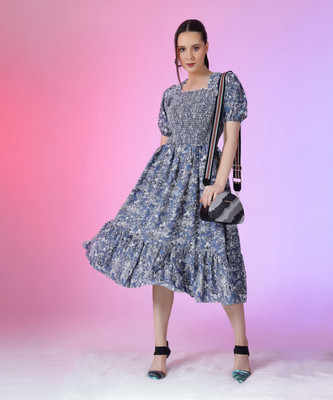 Jash Creation Women Fit and Flare Blue Midi/Calf Length Dress