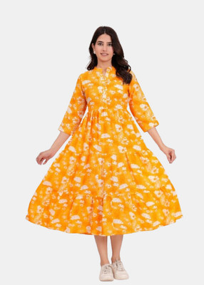 Avigat Women Gown Yellow Knee Length Dress