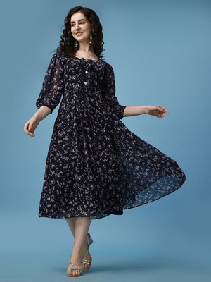 Fashion2wear Women A-line Dark Blue Midi/Calf Length Dress