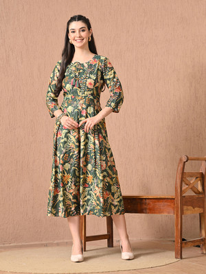 Hariks Women Fit and Flare Multicolor Midi/Calf Length Dress