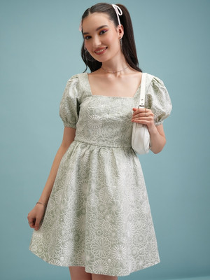 Tokyo Talkies Women Fit and Flare White, Light Green Midi/Calf Length Dress