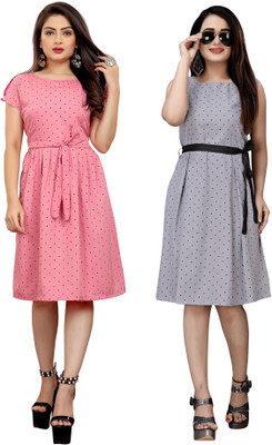 Hiral Creation Women Fit and Flare Grey, Pink Knee Length Dress