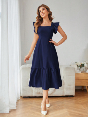 Sugathari Women Fit and Flare Dark Blue Midi/Calf Length Dress