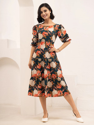 AASK Women Fit and Flare Multicolor Midi/Calf Length Dress