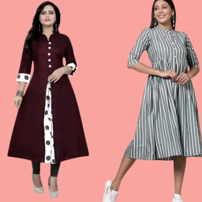 Suhani Creationnm Women Printed, Striped A-line Kurta(Grey, Brown)