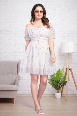 FIORAA Women A-line White Above Knee/Mid Thigh Length Dress