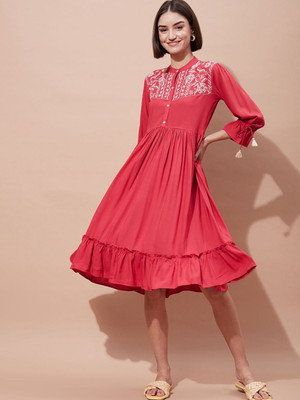 all about you Women Fit and Flare Pink Knee Length Dress