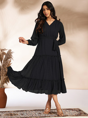 Janasya Women Tiered Black Midi/Calf Length Dress