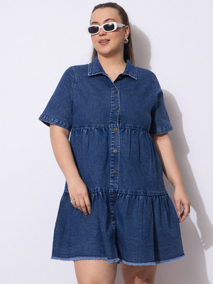 SASSAFRAS Curve Women Tiered Dark Blue Above Knee/Mid Thigh Length Dress