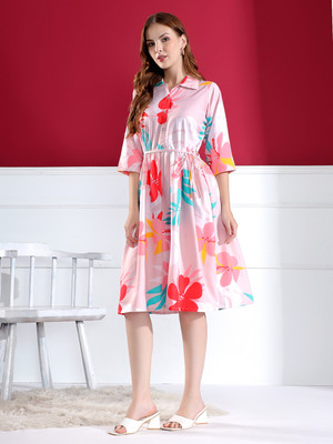 KAHARA Women Fit and Flare Pink Knee Length Dress