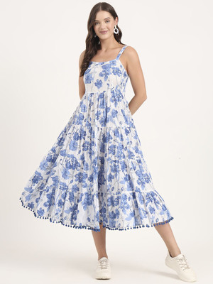 CORSICA Women Fit and Flare Blue, White Midi/Calf Length Dress