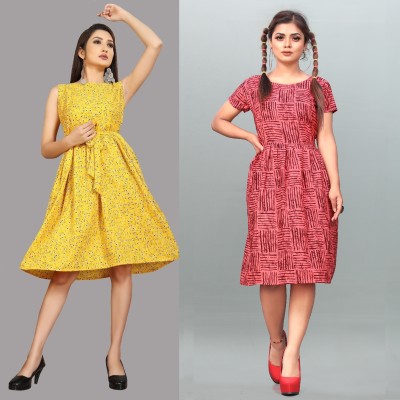 maruti fab Women Fit and Flare Yellow Dress