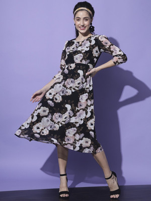 Moda Rapido Women A-line Black Midi/Calf Length Dress