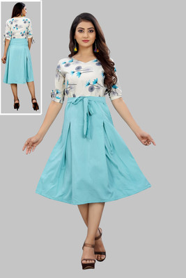 maruti fab Women Fit and Flare Light Blue Knee Length Dress