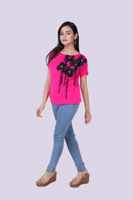 Mimoo Fashionz Casual Embellished, Floral Print Women Pink Top