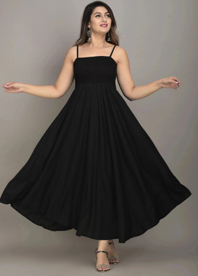 IQRAAR Women Fit and Flare Black Maxi/Full Length Dress
