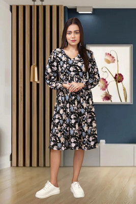 HOC's Women Fit and Flare Black Knee Length Dress