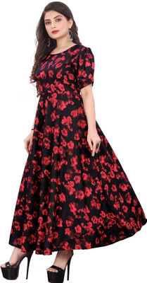 QUEUEE CREATION Women Fit and Flare Black Maxi/Full Length Dress