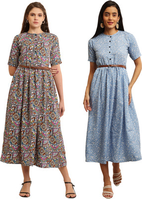 Mamnoon Women Fit and Flare Yellow, Green Midi/Calf Length Dress