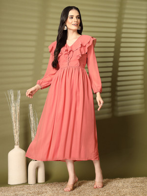 AAYU Women Fit and Flare Pink Midi/Calf Length Dress