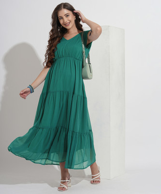 FashFun Women Tiered Green Maxi/Full Length Dress