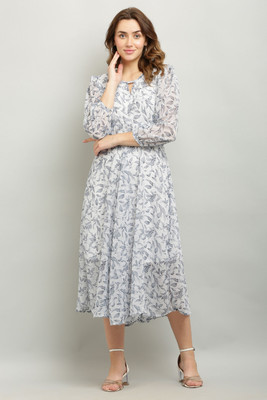 A R J FASHION Women A-line White, Grey Midi/Calf Length Dress