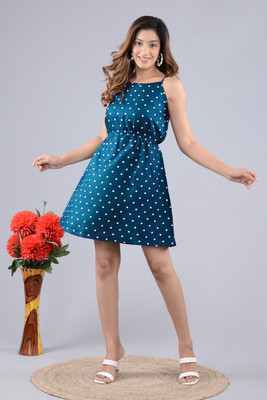 Mitansh Women Fit and Flare Dark Blue, White Above Knee/Mid Thigh Length Dress