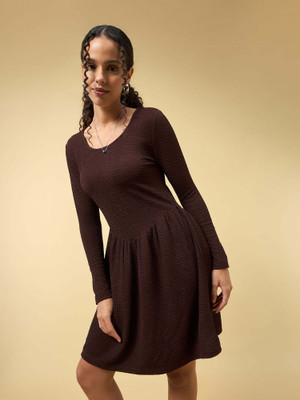 OUTZIDR Women Fit and Flare Brown Above Knee/Mid Thigh Length Dress