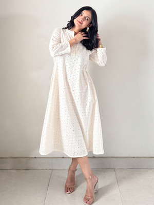 Janasya Women A-line White Midi/Calf Length Dress