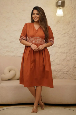 Funkup Women Fit and Flare Orange Midi/Calf Length Dress