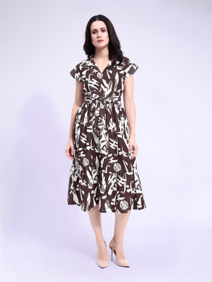 PURVAJA Women Fit and Flare White, Blue Midi/Calf Length Dress