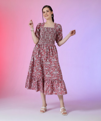 Jash Creation Women Fit and Flare Pink Midi/Calf Length Dress