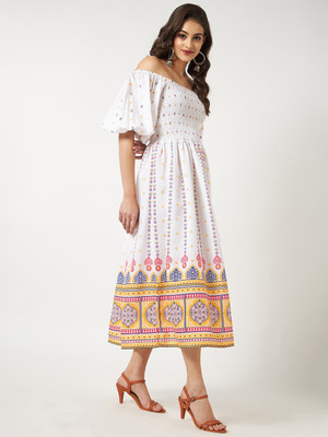 PANNKH Women Fit and Flare White Midi/Calf Length Dress