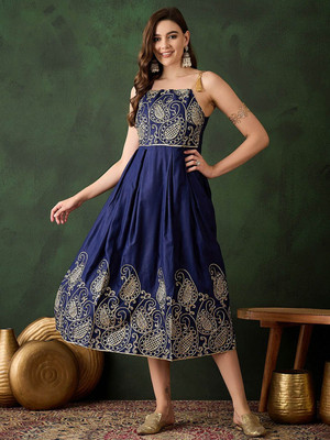 Sangria Women Fit and Flare Dark Blue Maxi/Full Length Dress