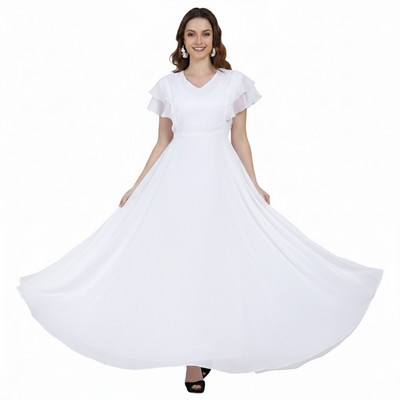 Warsian Women Fit and Flare White Maxi/Full Length Dress