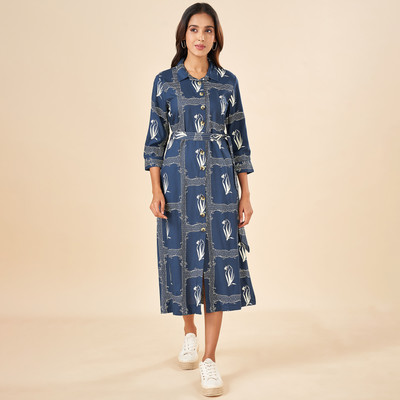 Akkriti by Pantaloons Women Shirt Dark Blue, White Below Knee Dress