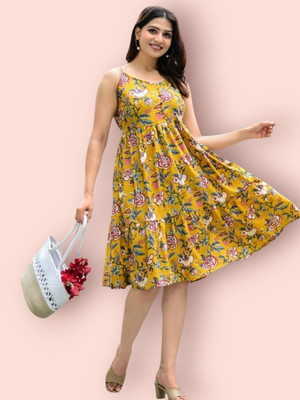 Carftwellstudio Women A-line Yellow Knee Length Dress