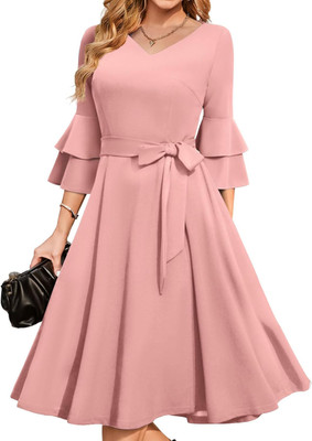 C4D Women Fit and Flare Pink Midi/Calf Length Dress