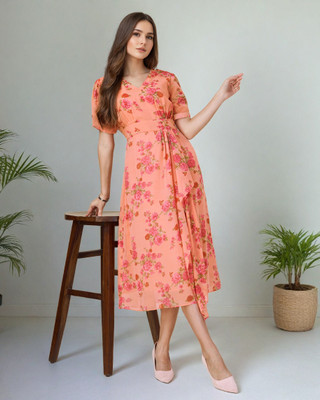 SZN Women Fit and Flare Orange Midi/Calf Length Dress