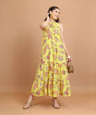 Vishudh Women Maxi Yellow, Orange, Purple Midi/Calf Length Dress