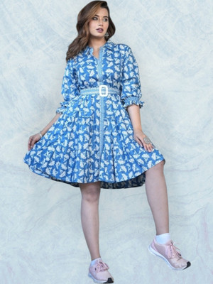 K K CREATION Women Gown Blue, White Knee Length Dress