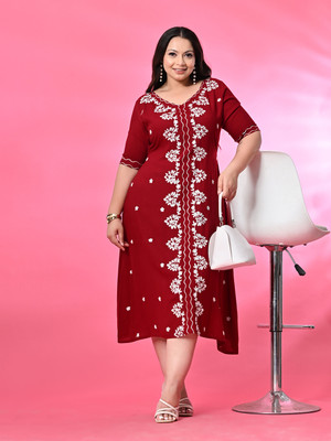 PrettyPlus by Desinoor.com Women A-line Maroon Midi/Calf Length Dress