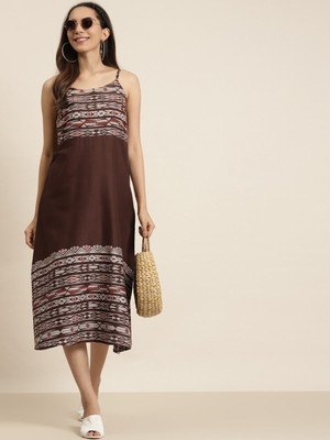 AKIKO Women A-line Brown Midi/Calf Length Dress
