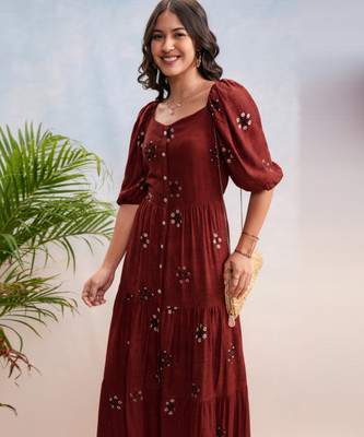 Vishudh Women A-line Brown, Black, White Maxi/Full Length Dress