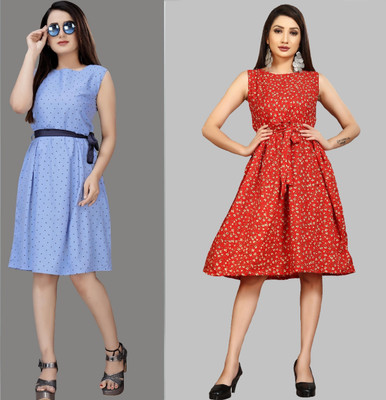 maruti fab Women Fit and Flare Light Blue, Red Knee Length Dress