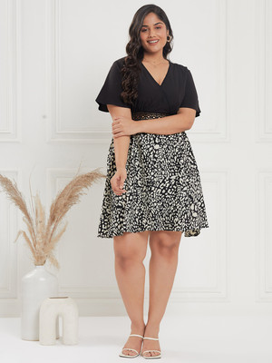 CURVE BY KASSUALLY Women Fit and Flare Black, White Above Knee/Mid Thigh Length Dress